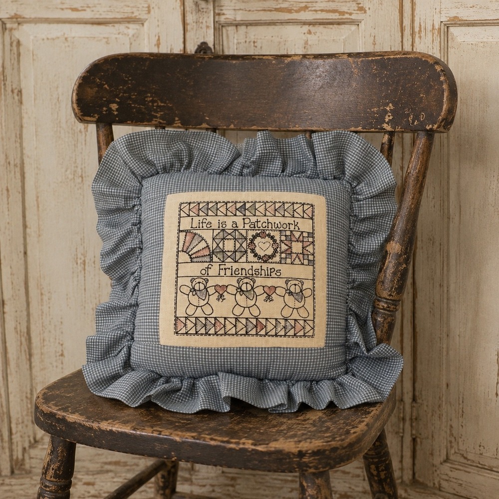 Vintage Primitive Ruffled Throw Pillow Patchwork of Friendships Teddy Bear Blue